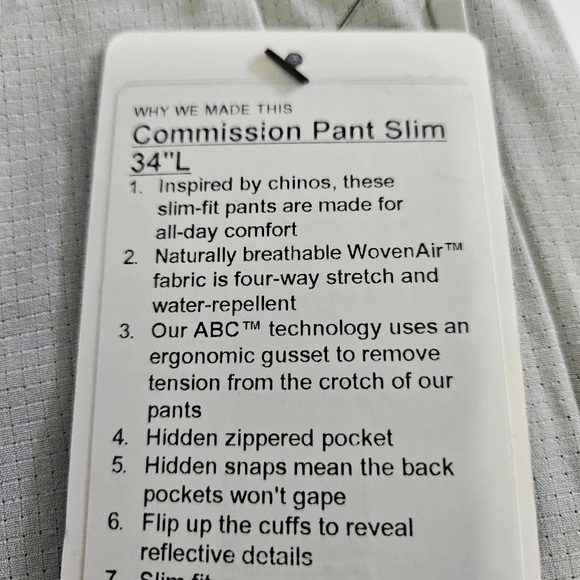 Lululemon Commission Pant Slim 34"L WovenAir Seal Light Grey SEAL Men's Size 31 - Picture 2 of 8